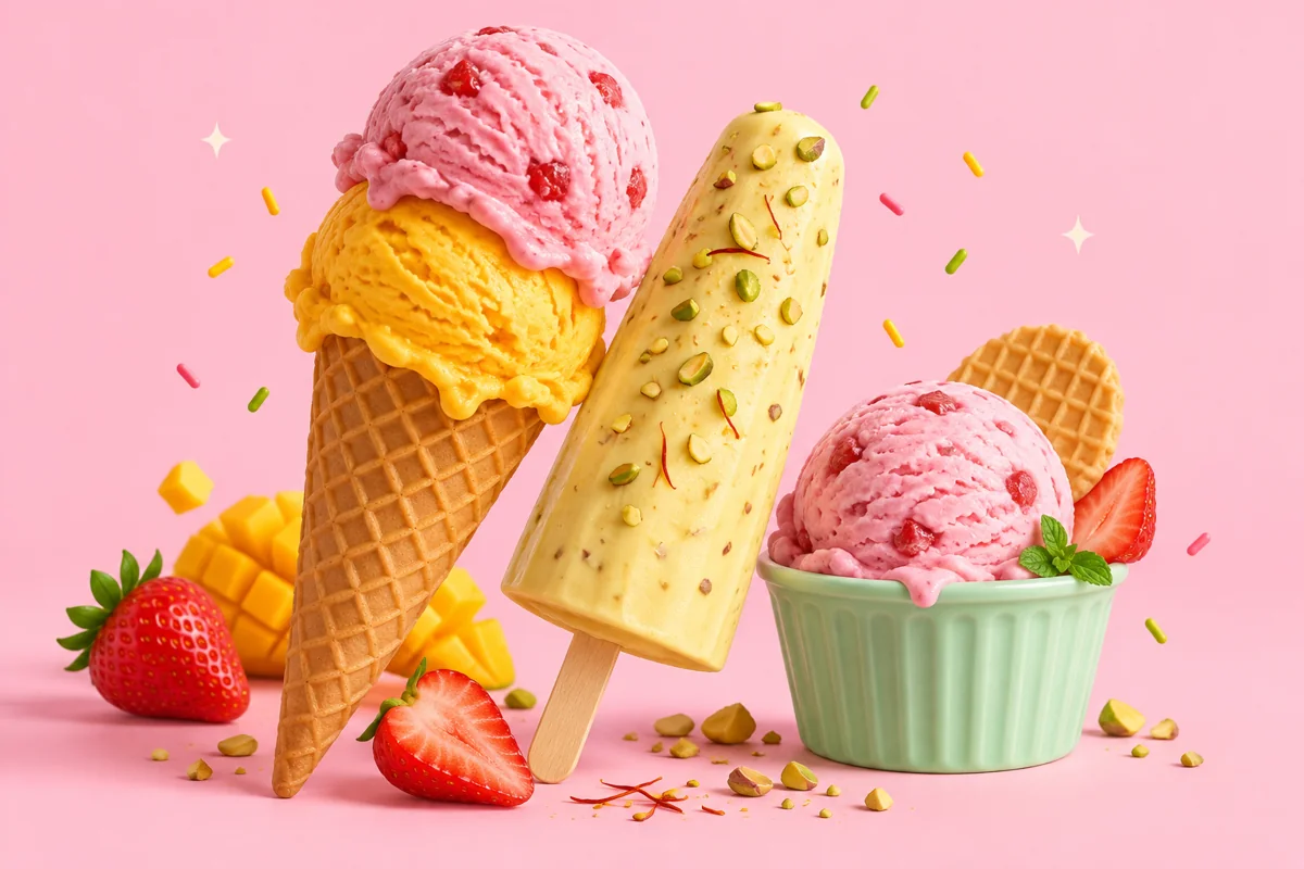 Illustration of Sadguru kulfi, ice cream cones and cups